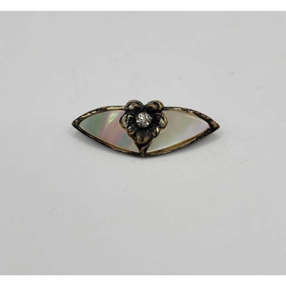 Vintage Art Nouveau Mother Of Pearl Flower Rhinestone Pin Brooch
